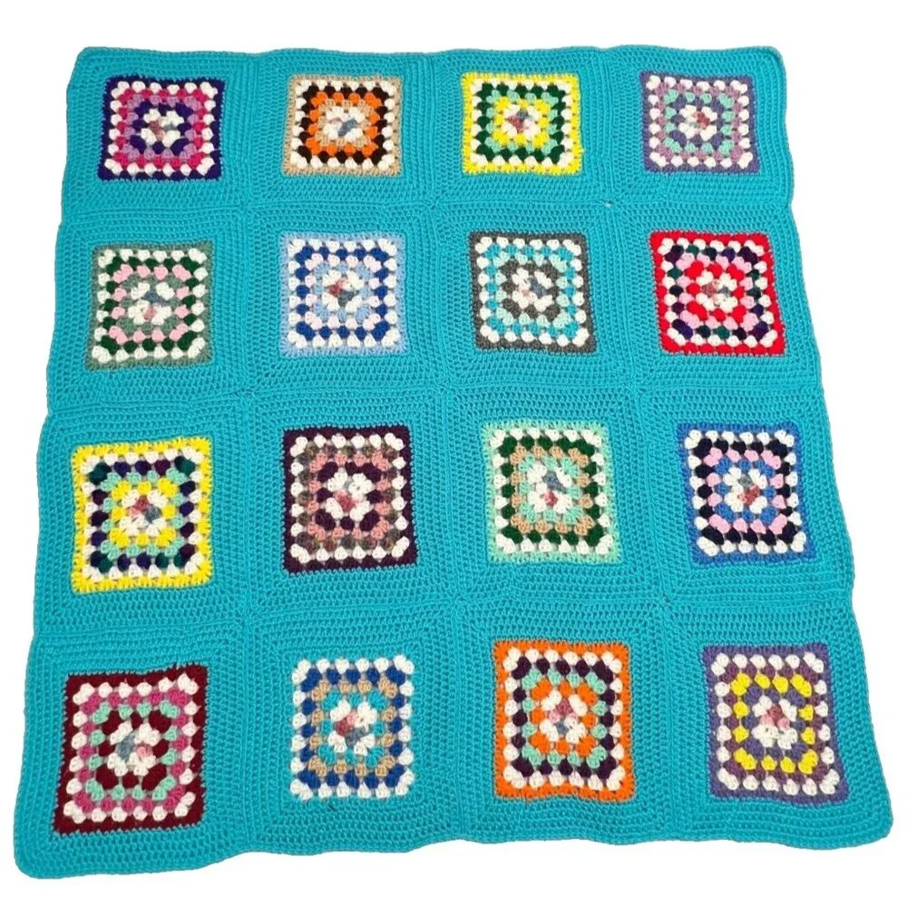 Boho‎ Y2K Crochet Granny Square Afghan Blanket Handmade Turquoise Rainbow 42x45